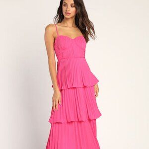 Lulus Cascading Crush Hot Pink Tiered Midi Dress - Size M